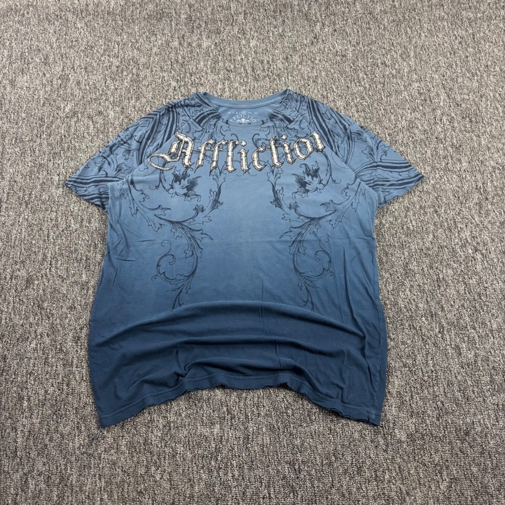 Y2K Affliction MMA Cyber Wings Cross Blue Ombre Grunge T-Shirt XL